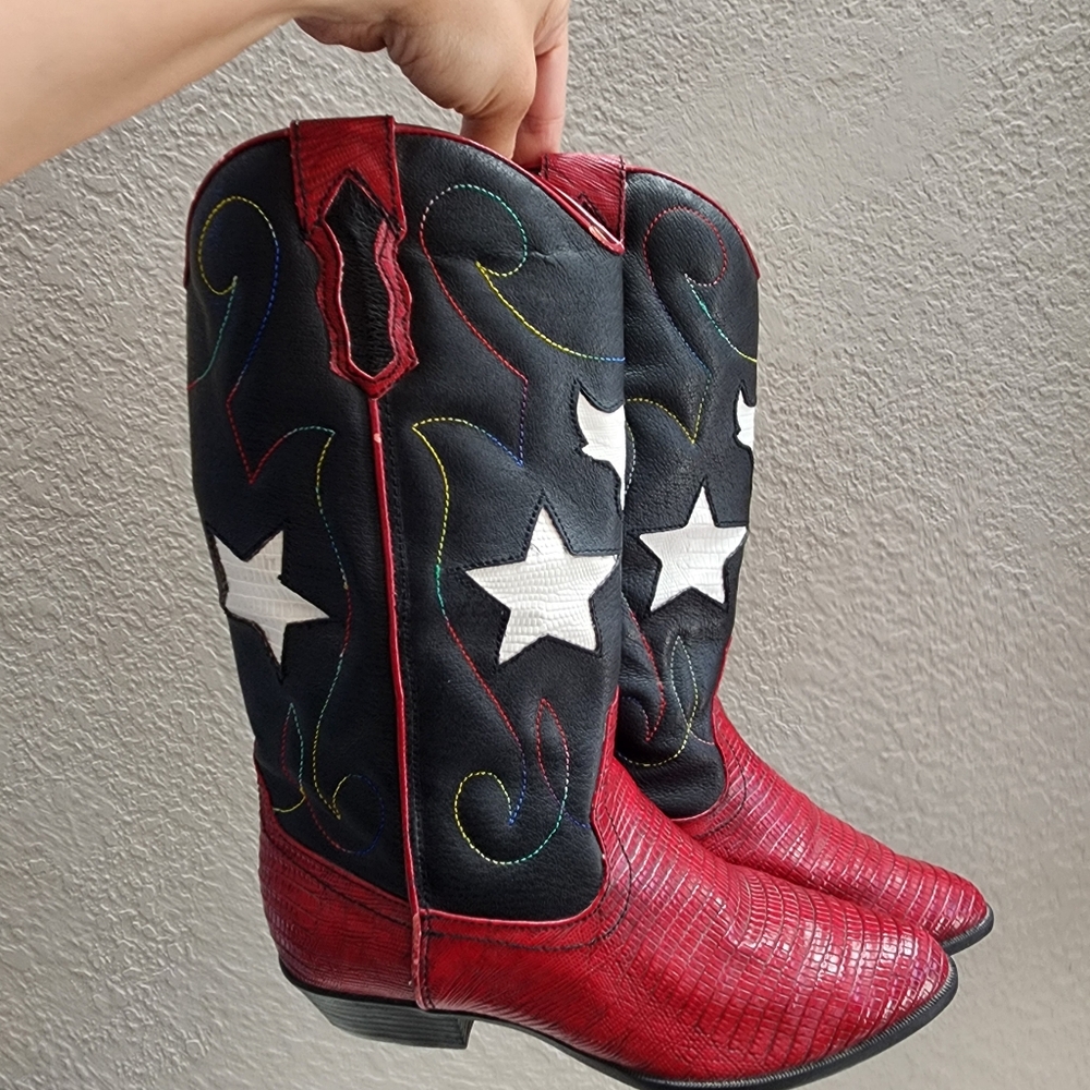 Red and Black Star Embellished Heeled Boots